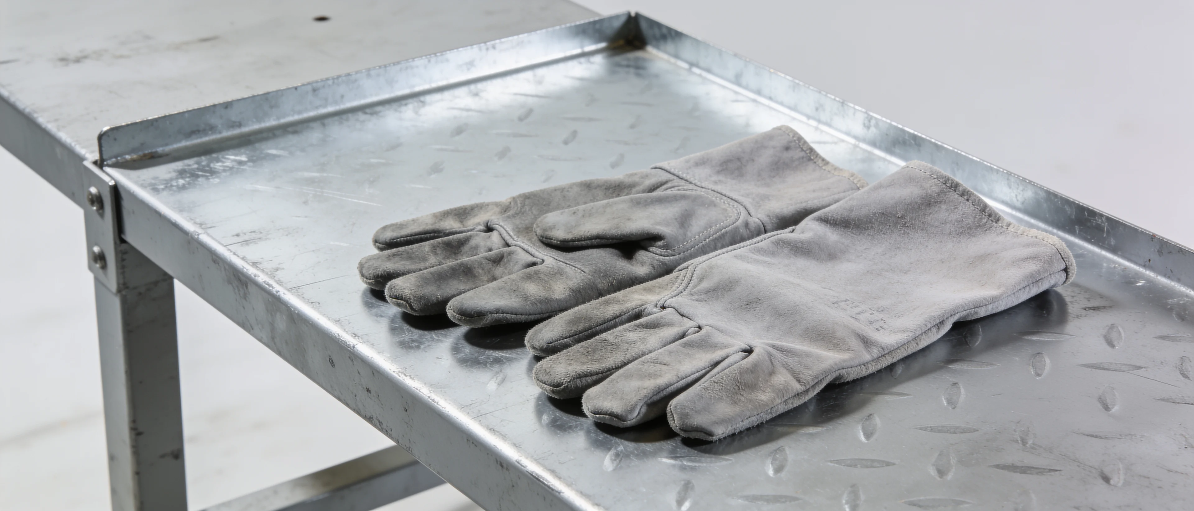 Arbeitshandschuhe auf einem verzinkten Blech an der Werkbank
