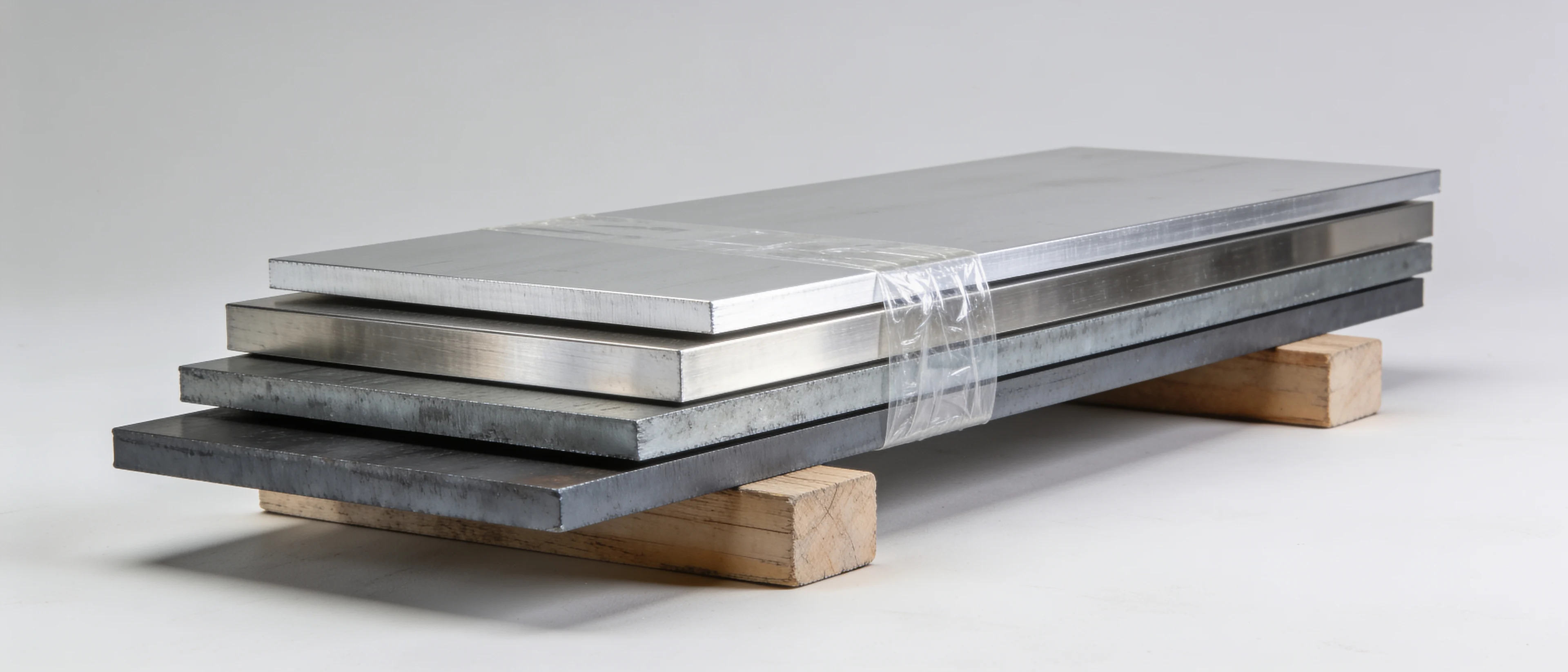 Stahl, verzinktes Blech, Edelstahl und Aluminium übereinander auf Kanthölzern
