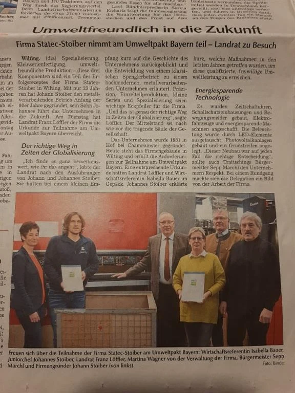 Zeitungsbericht zur Übergabe der Teilnahmeurkunden am Umweltpakt Bayern