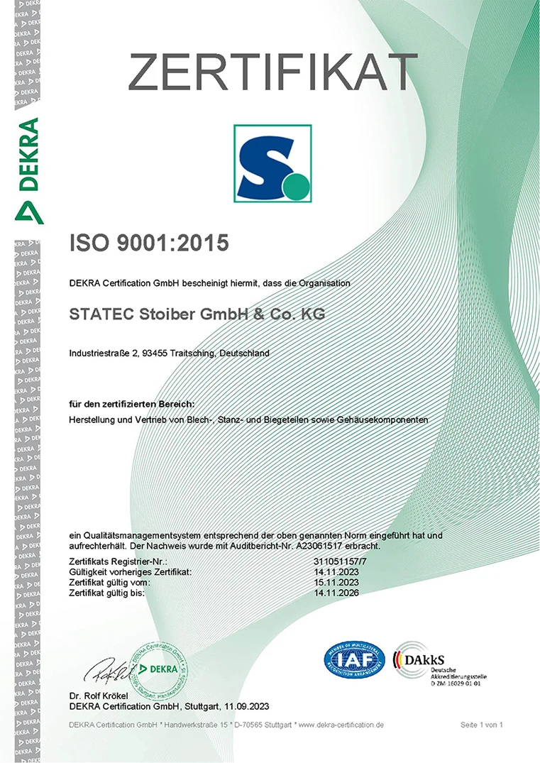 Zertifikat der DEKRA nach ISO 9001:2015 für die STATEC Stoiber GmbH & Co. KG